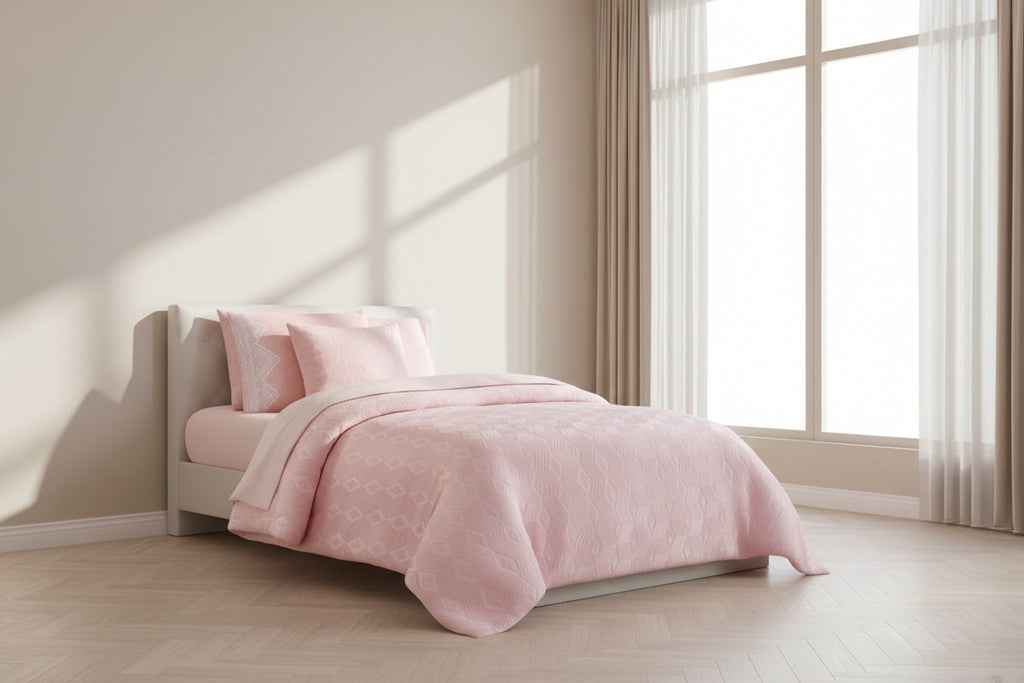 Pink 5-piece comforter set displayed on a bed in a styled bedroom, with a smaller inset showing the folded product and text listing the set details. Brand logo 'FUTURE' and product name 'ALSULTAN 02' are visible.
