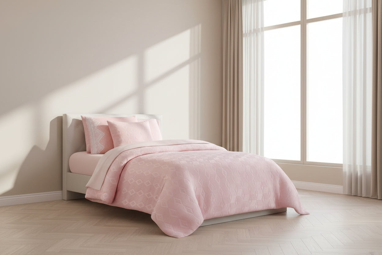 Pink 5-piece comforter set displayed on a bed in a styled bedroom, with a smaller inset showing the folded product and text listing the set details. Brand logo 'FUTURE' and product name 'ALSULTAN 02' are visible.