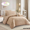 A beige 5-piece comforter set displayed on a bed in a styled bedroom scene, with a product inset showing the folded set and text listing the components. The brand logo 'FUTURE' with Arabic text appears at the top left.